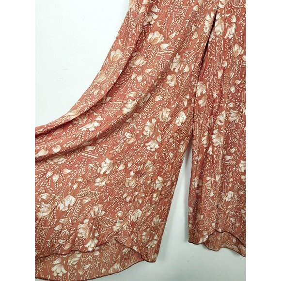 Chai Fashions Burnt Orange Floral Silk Wide Leg Palazzo Pants Size Medium - Picture 2 of 6